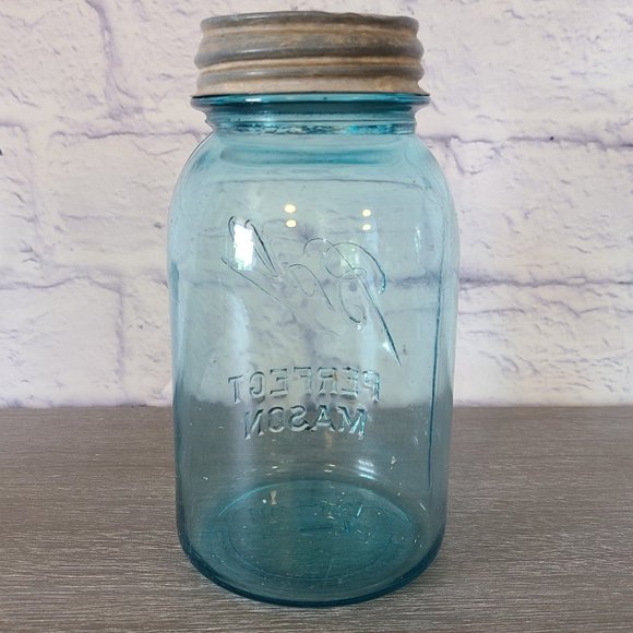 Vintage Ball Perfect Mason Blue Quart #1 Jar Aqua W/ Atlas Zinc Lid - Picture 4 of 10